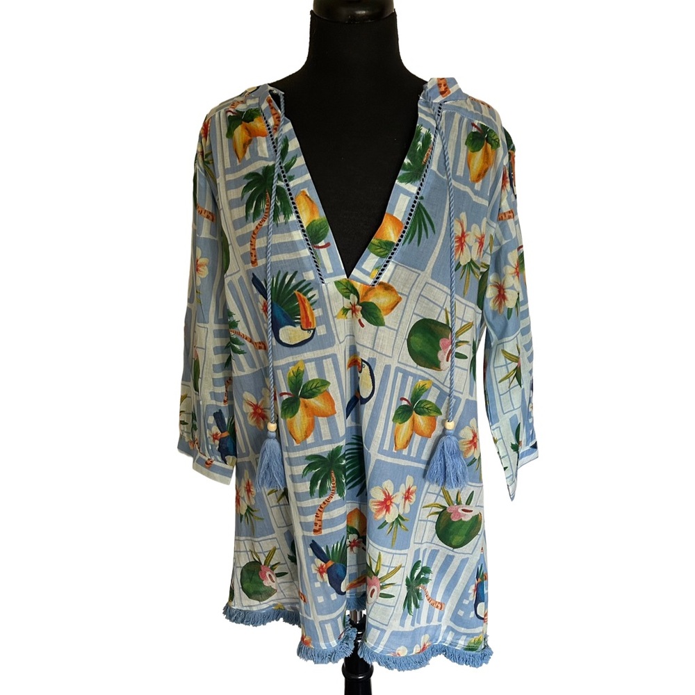 True Destinations Women’s Cover Up Resort Tropical Blue Floral Tunic Top. Size M - Picture 4 of 14